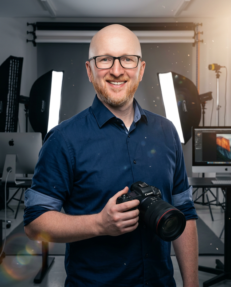 Chris Sikora, Gründer von ImmoStudio.AI, mit Kamera im Studio
