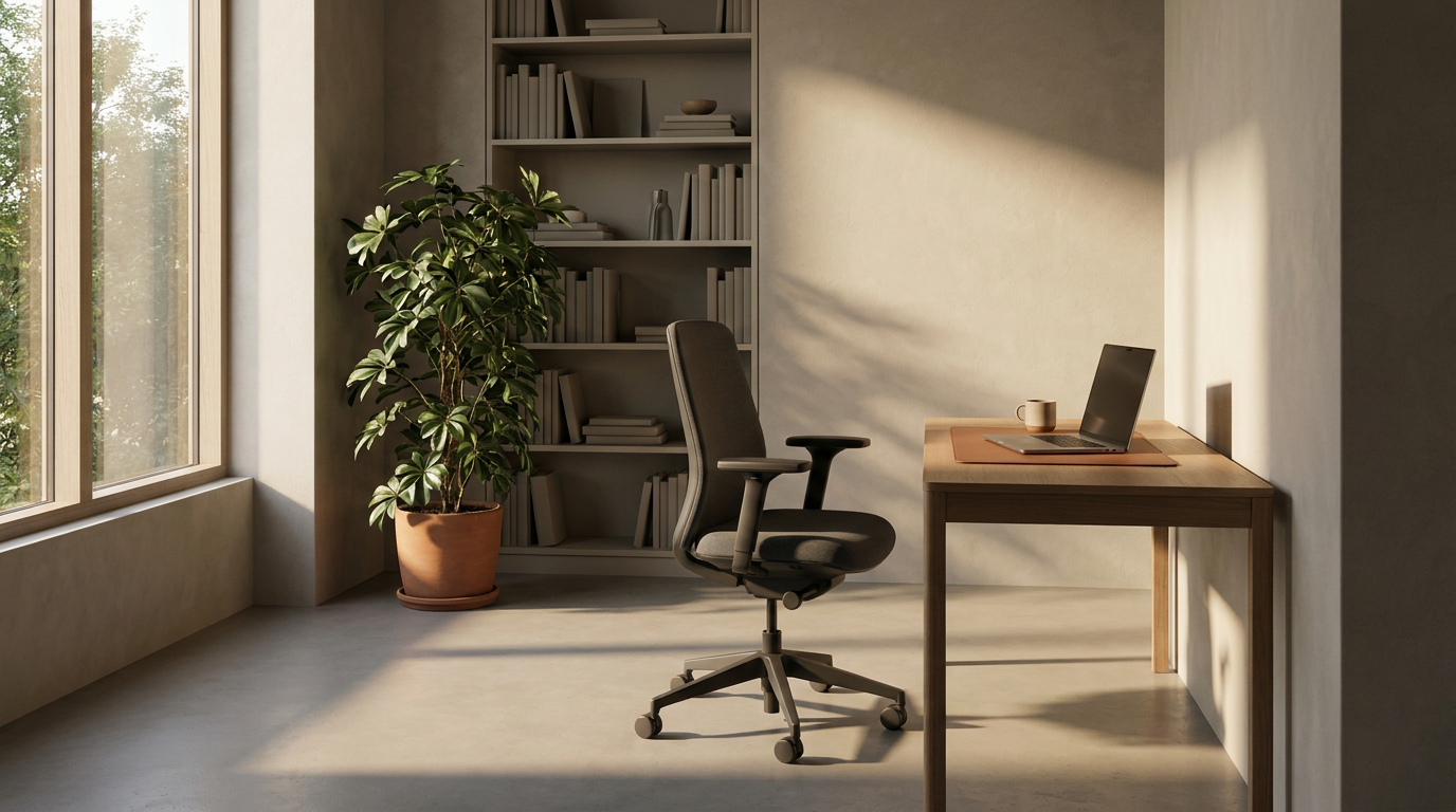 Virtuell möbliertes Arbeitszimmer mit Schreibtisch, Bürostuhl und Regal