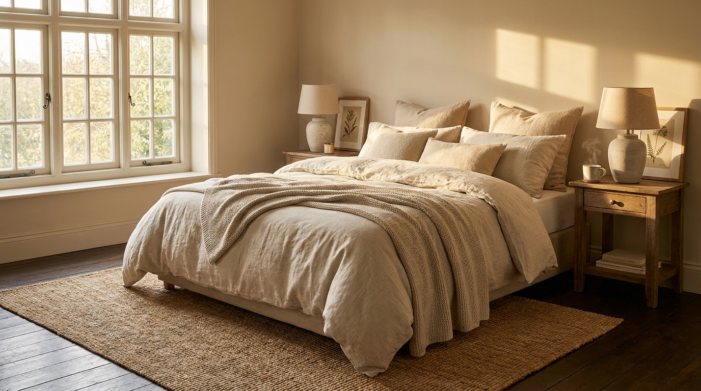 Virtuell möbliertes Schlafzimmer mit Leinenbett und Juteteppich