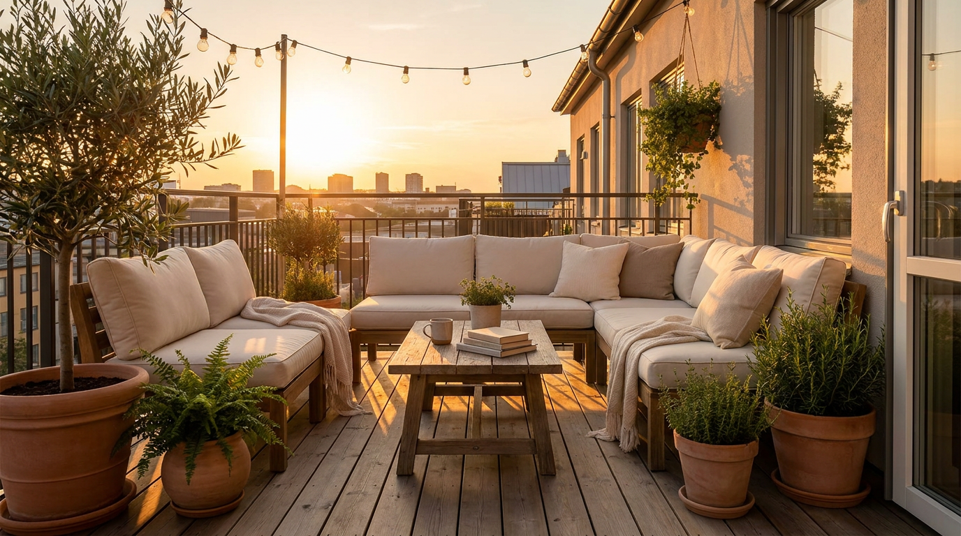 Virtuell möblierte Dachterrasse in Abendsonne