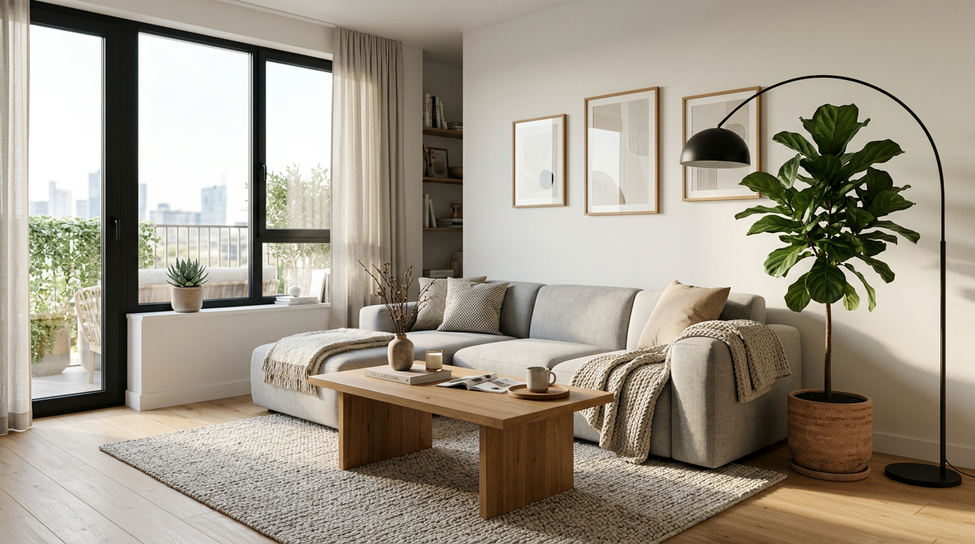 Virtuell möbliertes Wohnzimmer mit Sofa, Balkonzugang und Zimmerpflanze